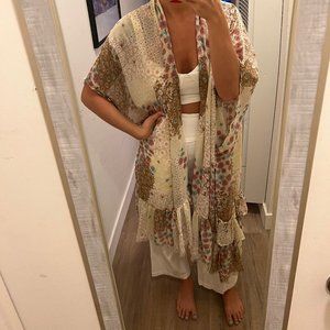 NWOT Boho free people tiny floral print white and tan kimono